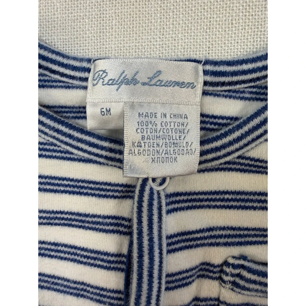 Ralph Lauren Baby Boys Blue White Striped Long Sleeve Cotton Romper 6M